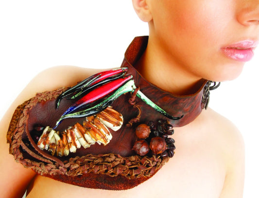 bisexual Jewelry / enamel on copper, sheep's teeth, leader and plant seeds / 30*15 cm / 2022
